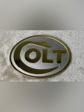 Vintage Colt Firearms Sam Colt Brass Belt Buckle Silver & Gold Tone Oval READ